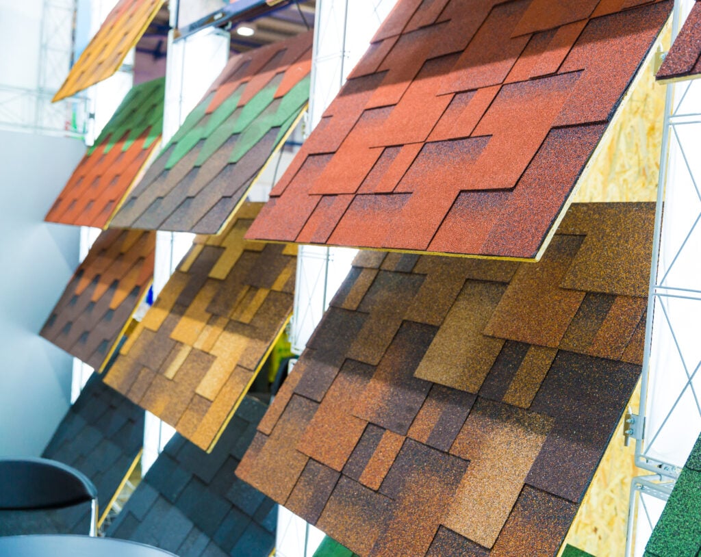 The image shows different shingle's colors on display