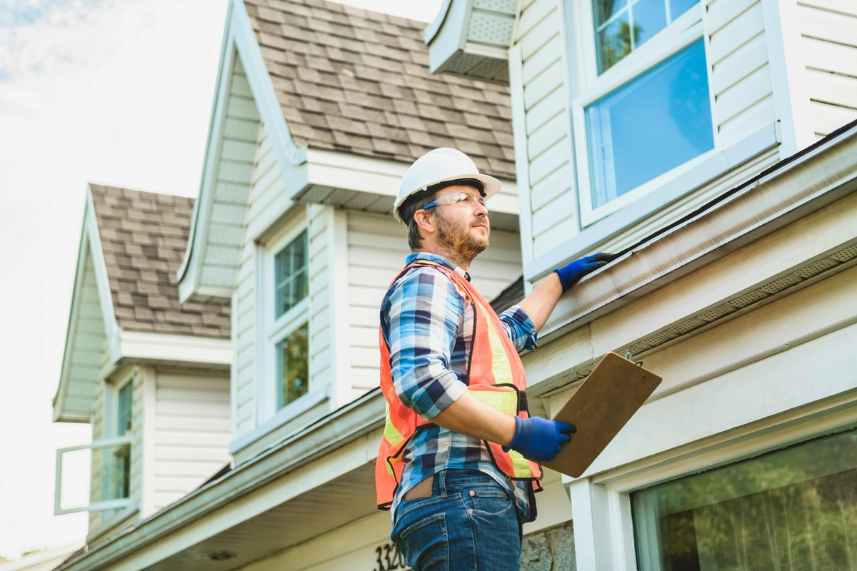 roof inspection cost-tech standing on ladder inspecting roof gutters