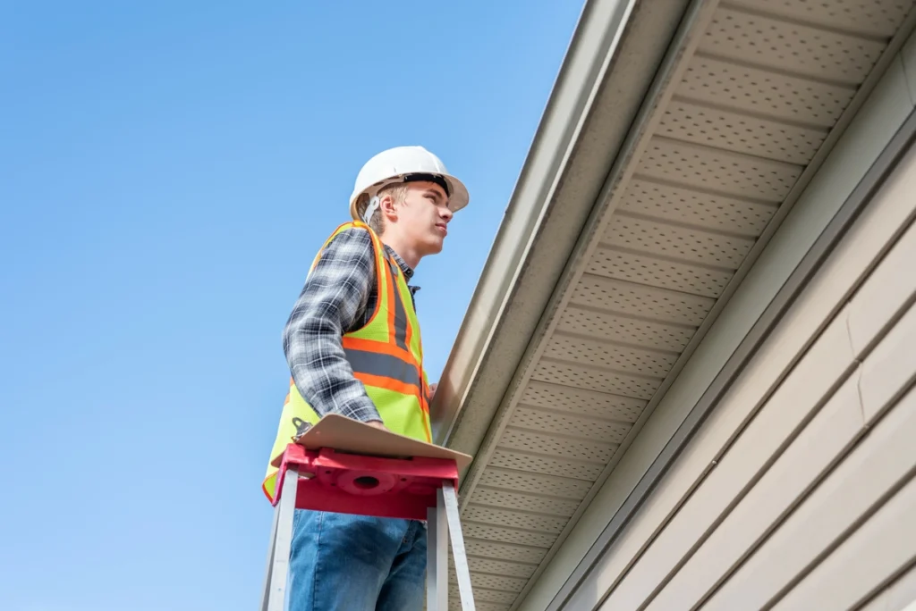 tech standing on ladder inspecting roof with a clipboard