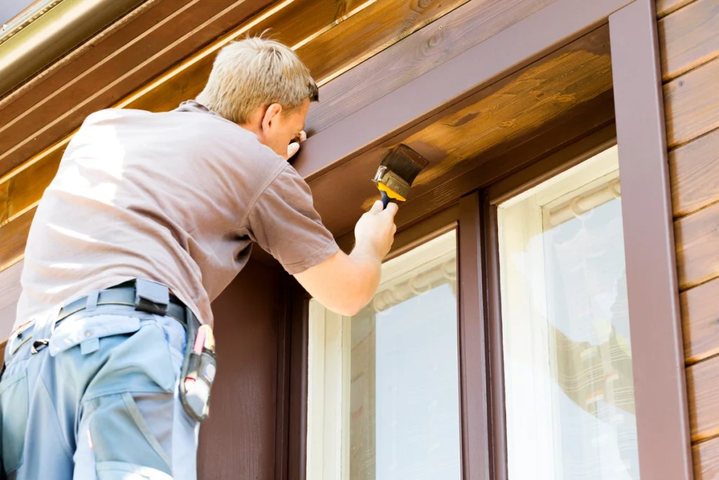 painter applying waterproof paint onto wooden siding