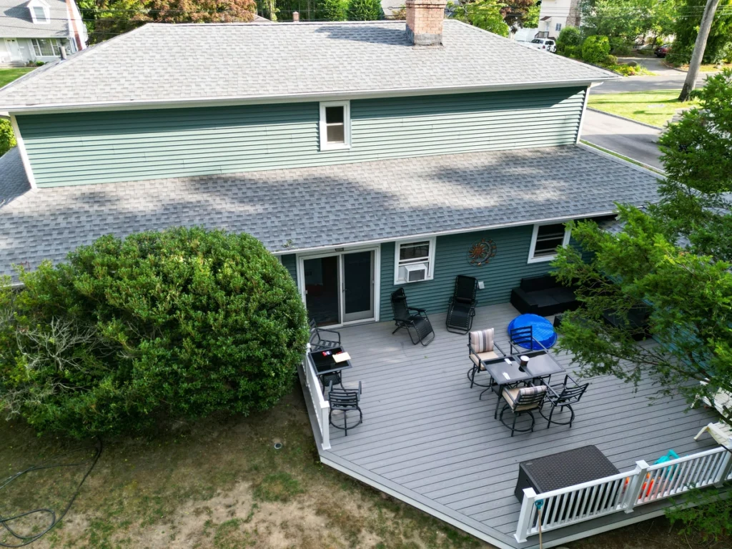 arial view of new decking built off of a home