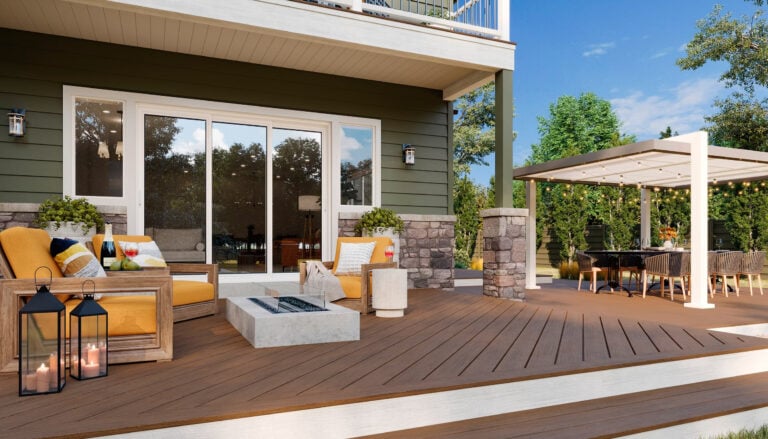 trex-brown decking with large steps built off a home