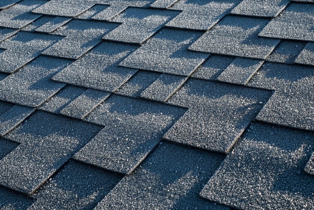 Close up view on asphalt roofing shingles covered with frost